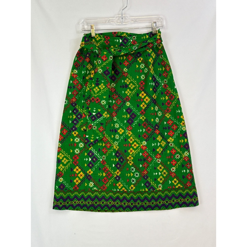 Vintage Adelaar Green Floral A-Line Midi Skirt with Tie‎ Waist Size 10, 27 waist